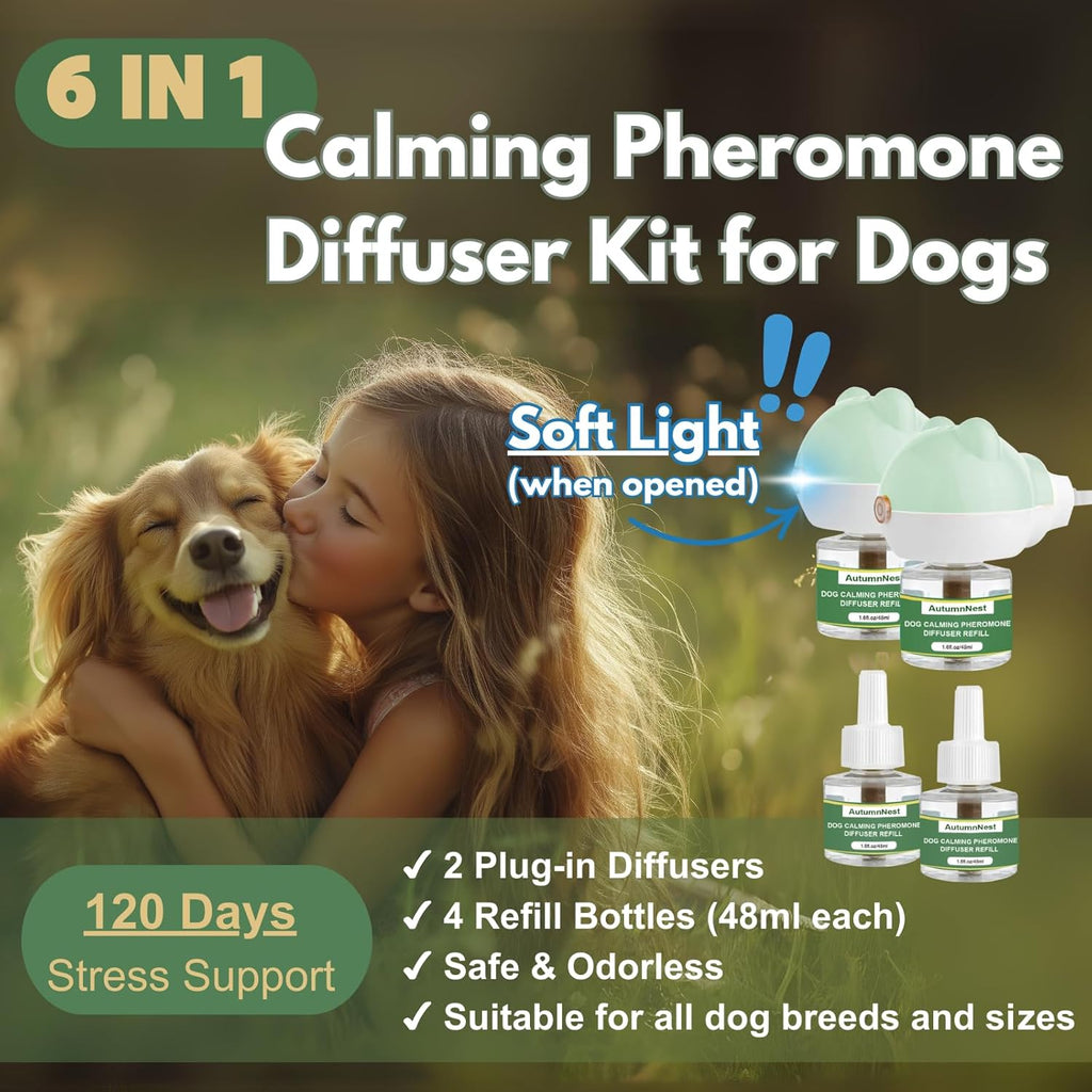 Dog Pheromone Diffuser Kit, Pet Diffuser for Stress Support, Reduces Stress and Promotes Relaxed Behavior, 2 Plug-in + 4 Packs Refill, 120 Day Supply (Non-Toxic, Safe & Inedible), Diffuser with Light