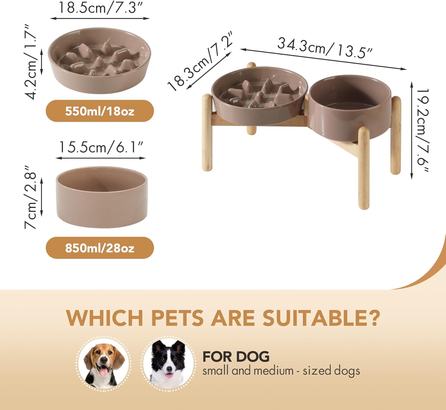 Ceramic Raised Slow Feeder Dog Bowl Set, Elevated 6.1inch Bowl and 7.3inch Slow Pet Food Dish with Wooden Stand for Small and Medium Dog (2 x Brown Coffee+ Stand)