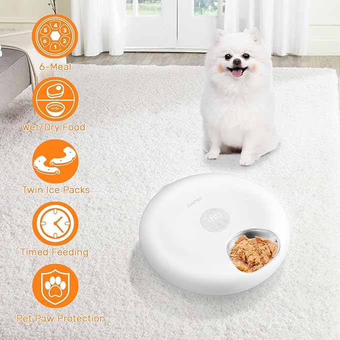 Automatic Cat Feeder for Wet Food, Stainless Steel Tray 6 Meals Dispenser with 2 Ice Packs, Programmable Timer, Rechargeable Cordless Auto Pet Feeder for Cats Small Dogs