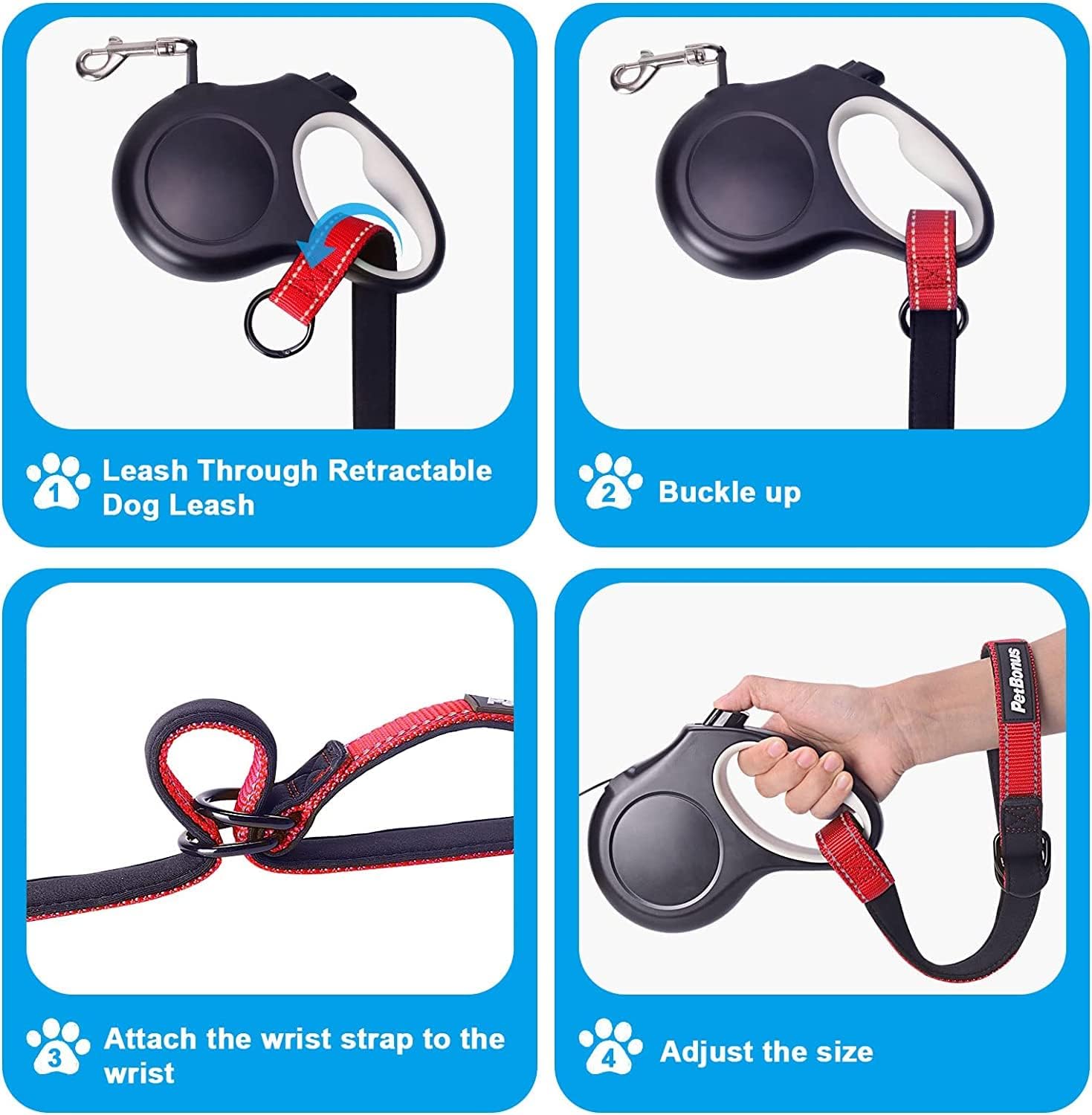PetBonus 2 Packs Short Dog Leash, Safety Wrist Strap for Retractable Dog Leash, Reflective Design and Adjustable Soft Padded Handle, Extra Layer Security for Pet Stroller (Red, Red)