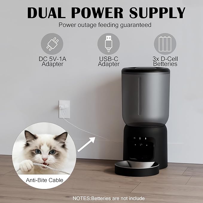 Automatic Cat Feeder with 2K Camera: Cat Food Dispenser with 6L Capacity, Container for Multiple Pet; Automatic Dog Feeder with Night Vision Support 5/2.4GHz & 2-Way Audio, Anti-Jam Design (Black)