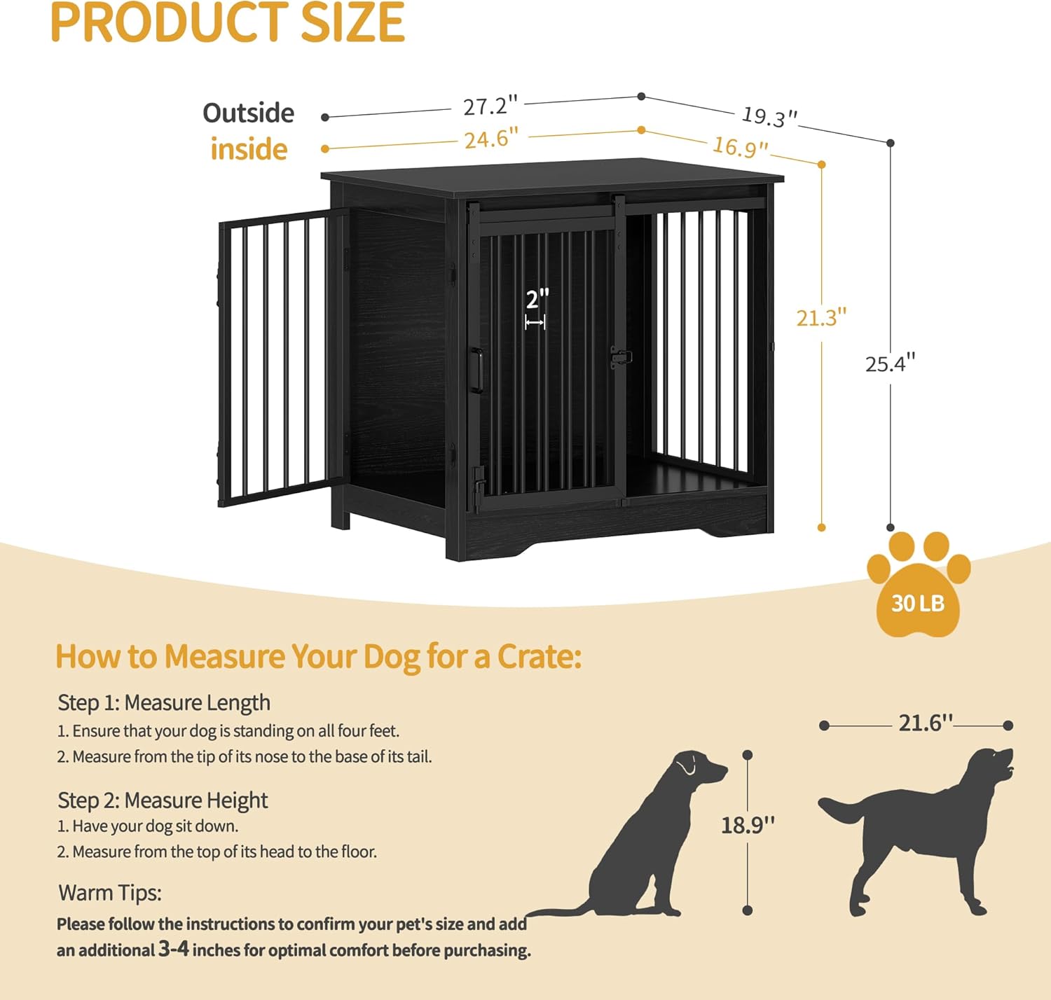 27.2" Dog Crate Furniture with Barn Door, Heavy Duty Dog Kennel Indoor with 2 Doors, Wooden Pet Cage End Table for Small Medium Dogs up to 22 lb, Anti-Chew Anti-Escape, Black DFC84304B