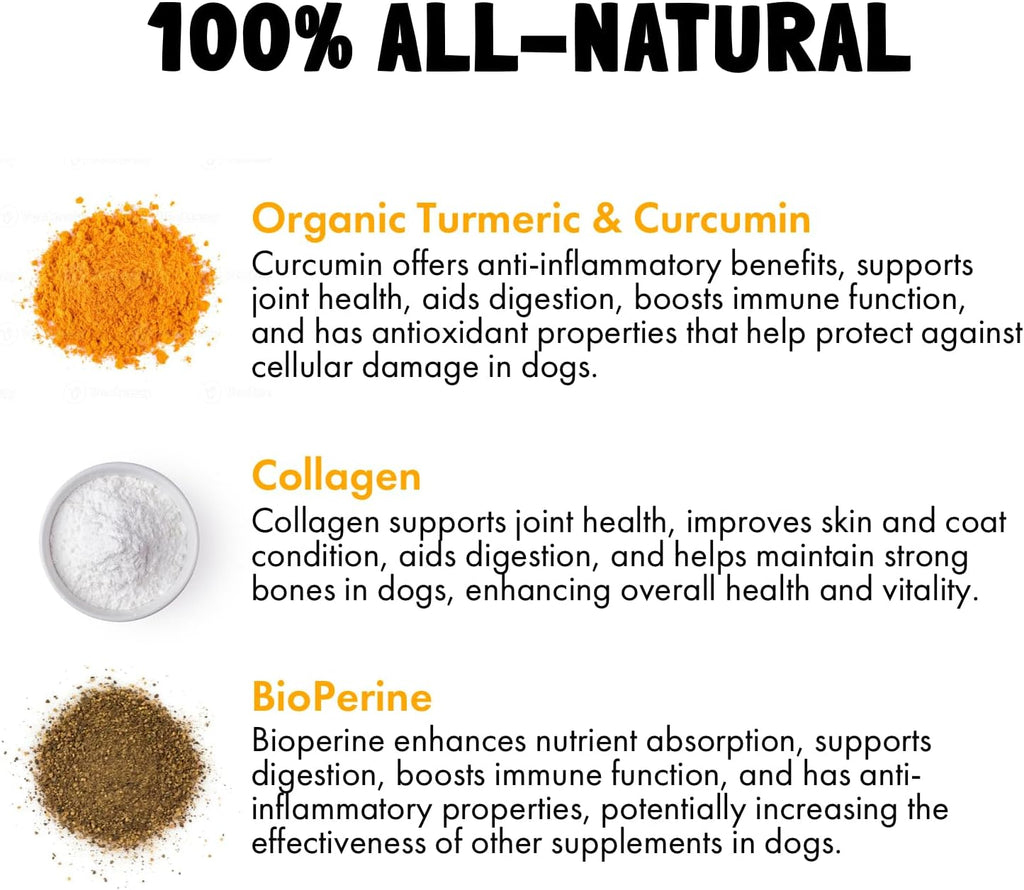 Turmeric Curcumin Hip & Joint Dogs Supplement Anti-Inflammatory Support for Arthritis & Mobility with Collagen & BioPerine Pain Relief Antioxidant Digestive Cardiovascular and Liver Health 120 Chews