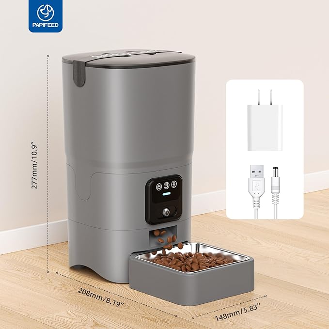 PAPIFEED Automatic Cat Feeder with Wide-Angle Camera, WiFi Pet Feeder with APP Control for Remote Feeding, Detachable for Easy Clean, Dual Power Supply,1-10 Meals Per Day for Multiple Pets(Gray)
