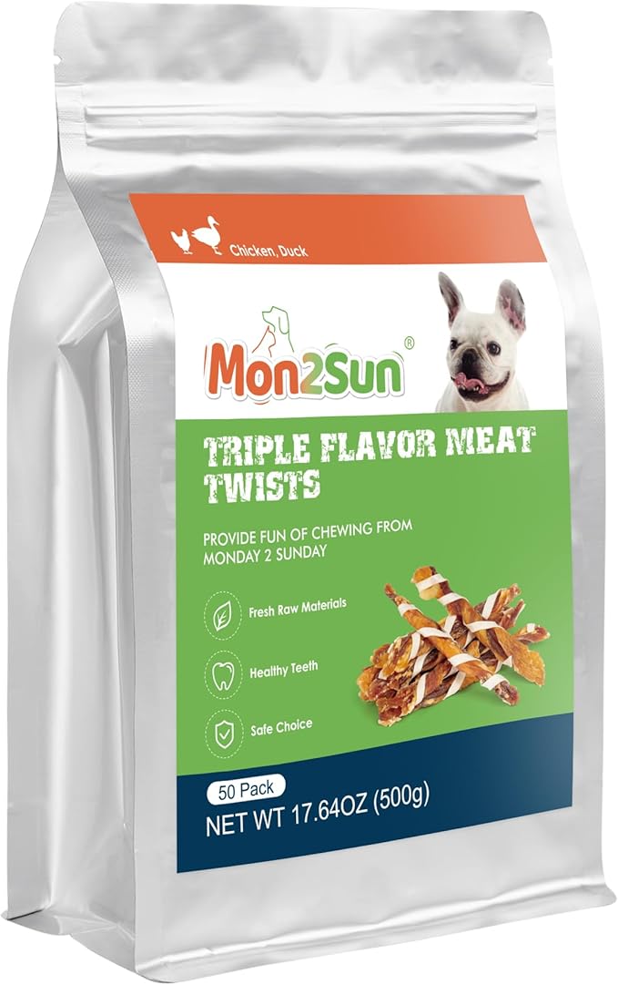 MON2SUN Dog Treats, Triple Flavor Jerky Twist Sticks, 4.5-5 Inch Chicken Duck and Codfish Sticks Chews for Small Dogs, Healthy Snacks, 17.64 oz (50 Count-Pack of 1)