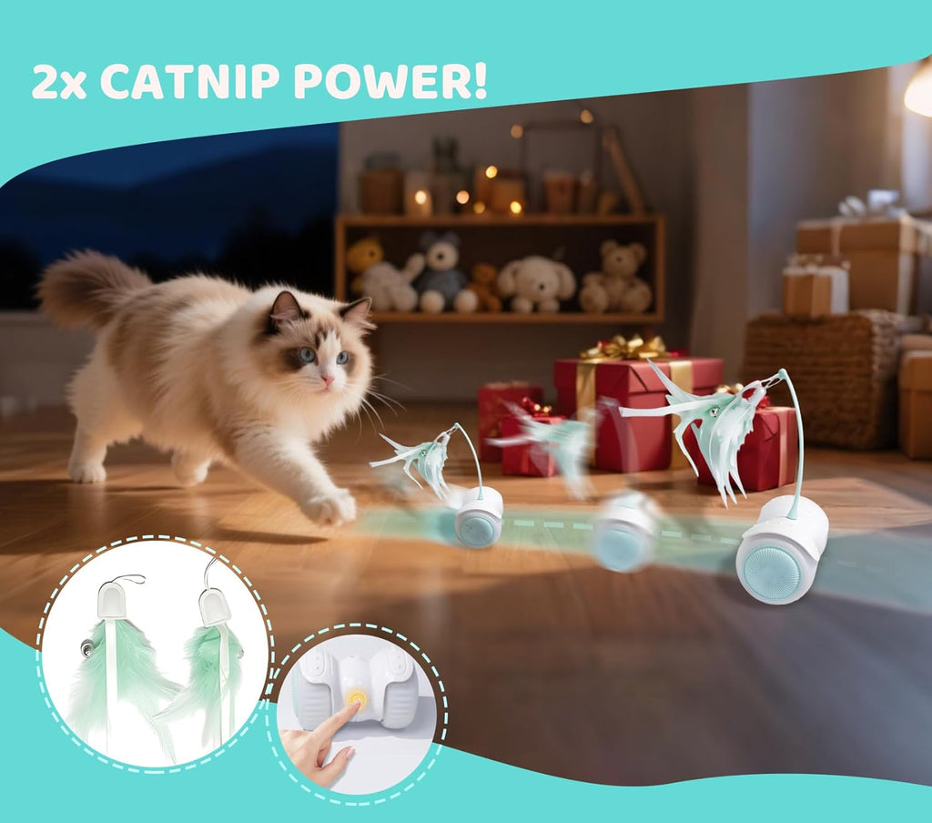 Remote Control Cat Toy with Auto Mode - Interactive Cat Toy Feather for Indoor, Moving Cats Catnip Toys & LED to Keep Bored Cats Active & Entertained