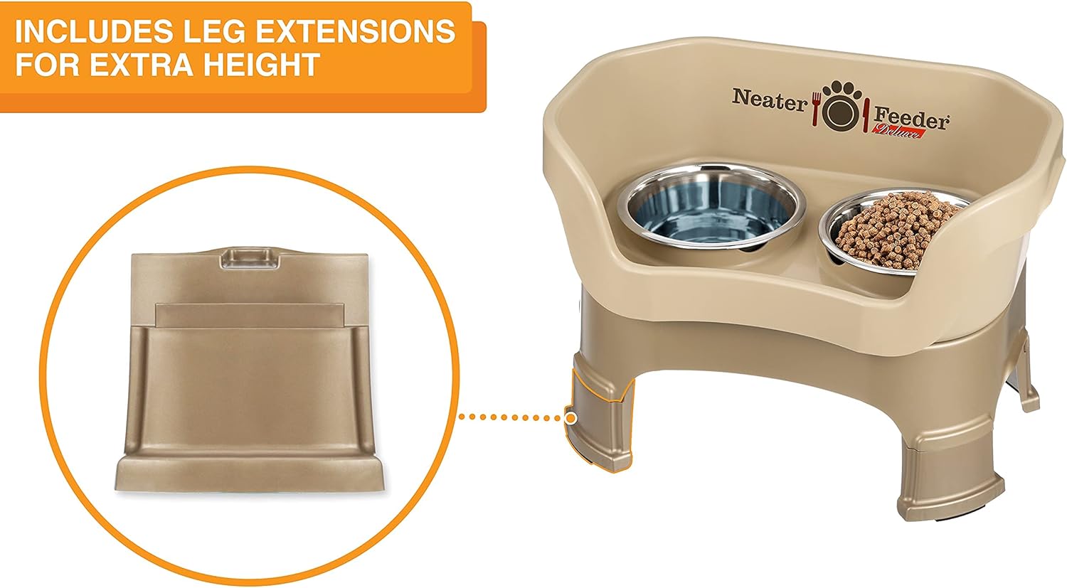 Neater Feeder Deluxe Mess Proof Dog Bowls Elevated Medium Sized Dogs (19-40 lbs) Made in USA, No Spill Raised Dog Food Bowl Stand w/Leg Extension, Stainless Steel Food and Water Bowl Set, Cappuccino