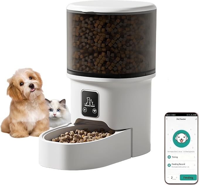 Automatic Cat Feeders - Timed Pet Feeder for Cats and Dogs with Dry Food Dispenser, APP Control Smart, 4L Grain Storage Bucket, Dual Power Supply, Programmable Portion Control (Black Visible)