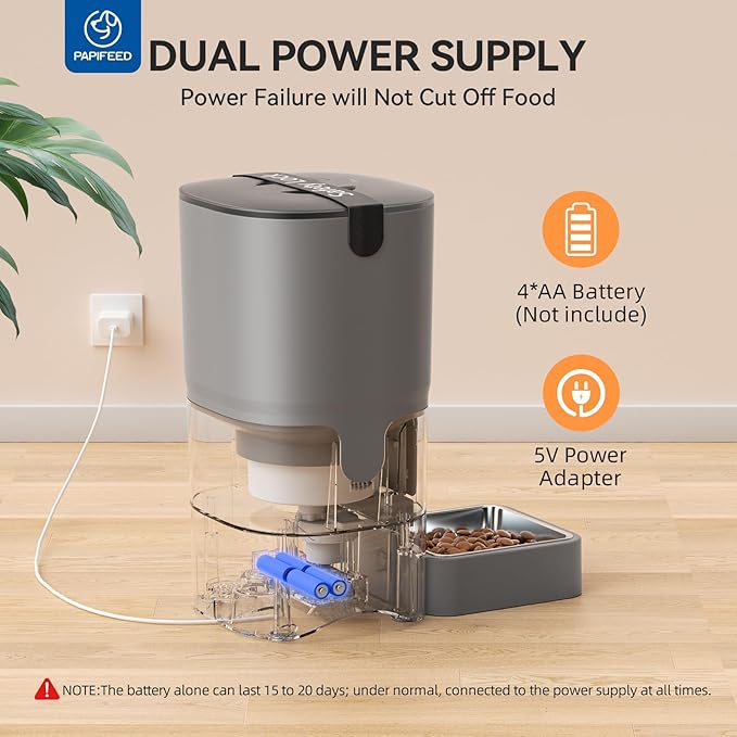 PAPIFEED Automatic Cat Feeder Upgrade, WiFi Pet Feeder with APP Control for Remote Feeding, Detachable for Easy Clean, Dual Power Supply,1-10 Meals Per Day for Multiple Pets(Gray)