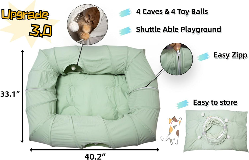 XxingSheep 4 Ways Shuttled XL Cat Tunnel Bed for Indoor Cats Peekaboo Cat Cave Donut with Cool Mat (Green)