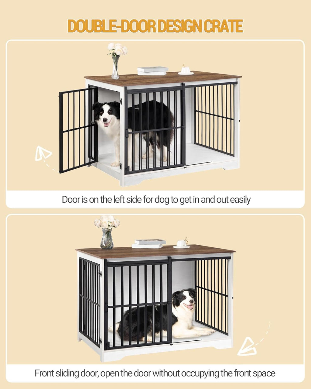 XL Large Dog Crate Furniture, 44.1" Indoor Dog Kennel Furniture with Barn Door, Wooden Tall Dog Crate, Heavy Duty Dog Cage for Large Dogs, Side End Table, Anti-Chew, White Brown DFC80114B