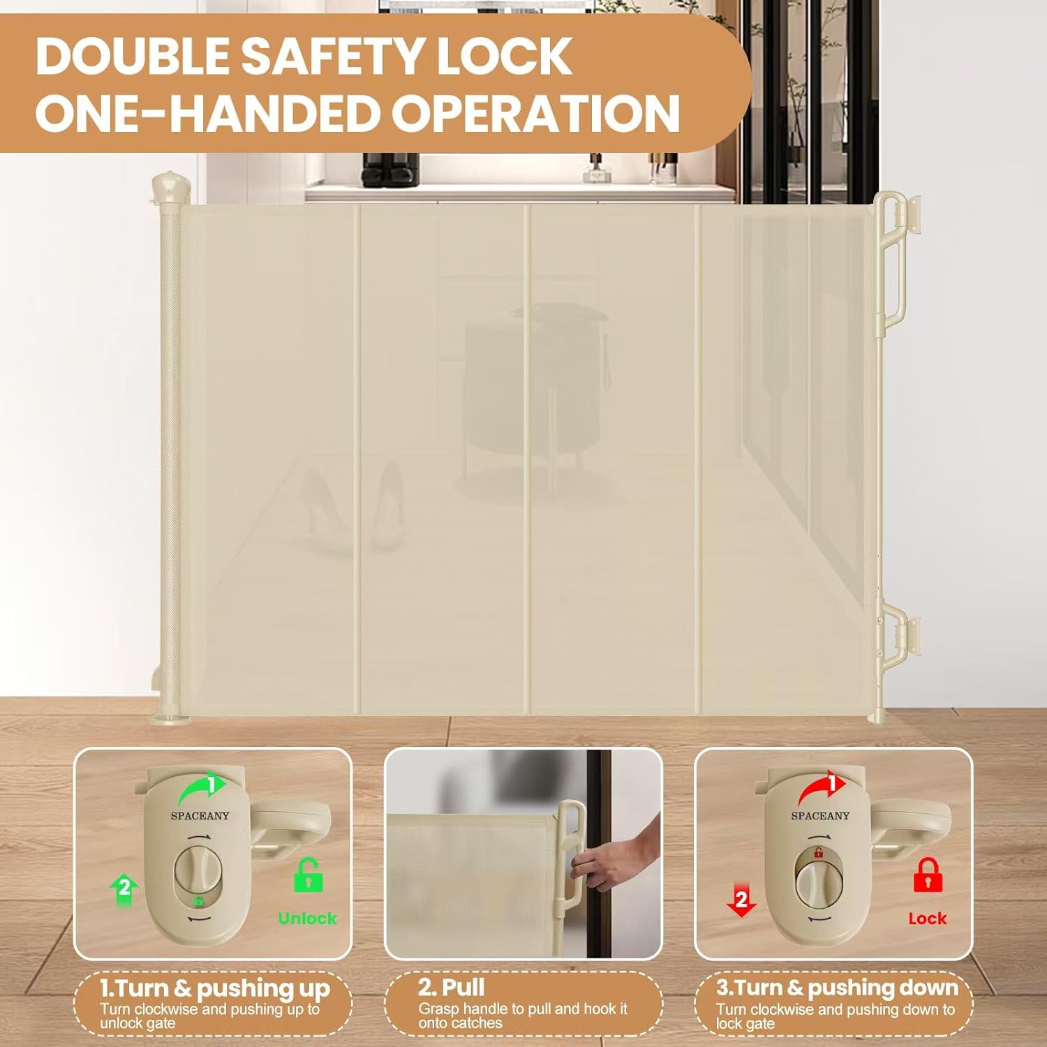 Reinforced Retractable Baby Gate or Mesh Dog Gate,Easy to Use for Stairs, Doorways, Hallways, Indoor, Outdoor, Wide Pet Gate 33.5" Tall, Extends to 55" Wide, Cream