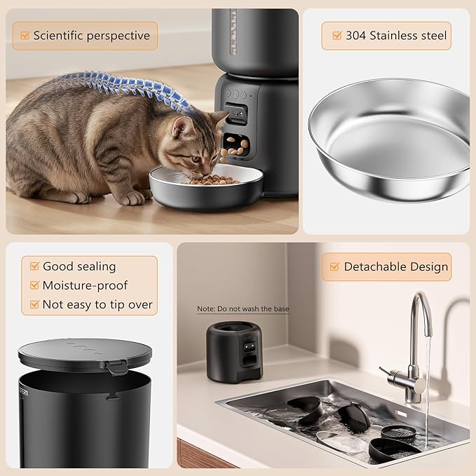 Automatic Cat Feeder with Camera, 4L Automatic Pet Feeder, Dual Power Supply, Programmable Cat Food Dispenser with 2MP Night Vision & Two-Way Audio for Cats and Small Dogs, Black