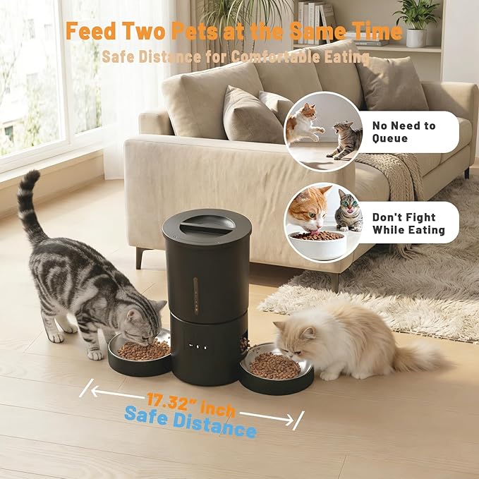 Automatic Cat Feeder 2 Cats,2.4G WiFi Timed Auto Cat Food Dispenser with Dual Bowls,4.2L Smart App Control,Equal Portion Feeding for Multiple Cats (Black, 4.2L WiFi Dual Bowl)