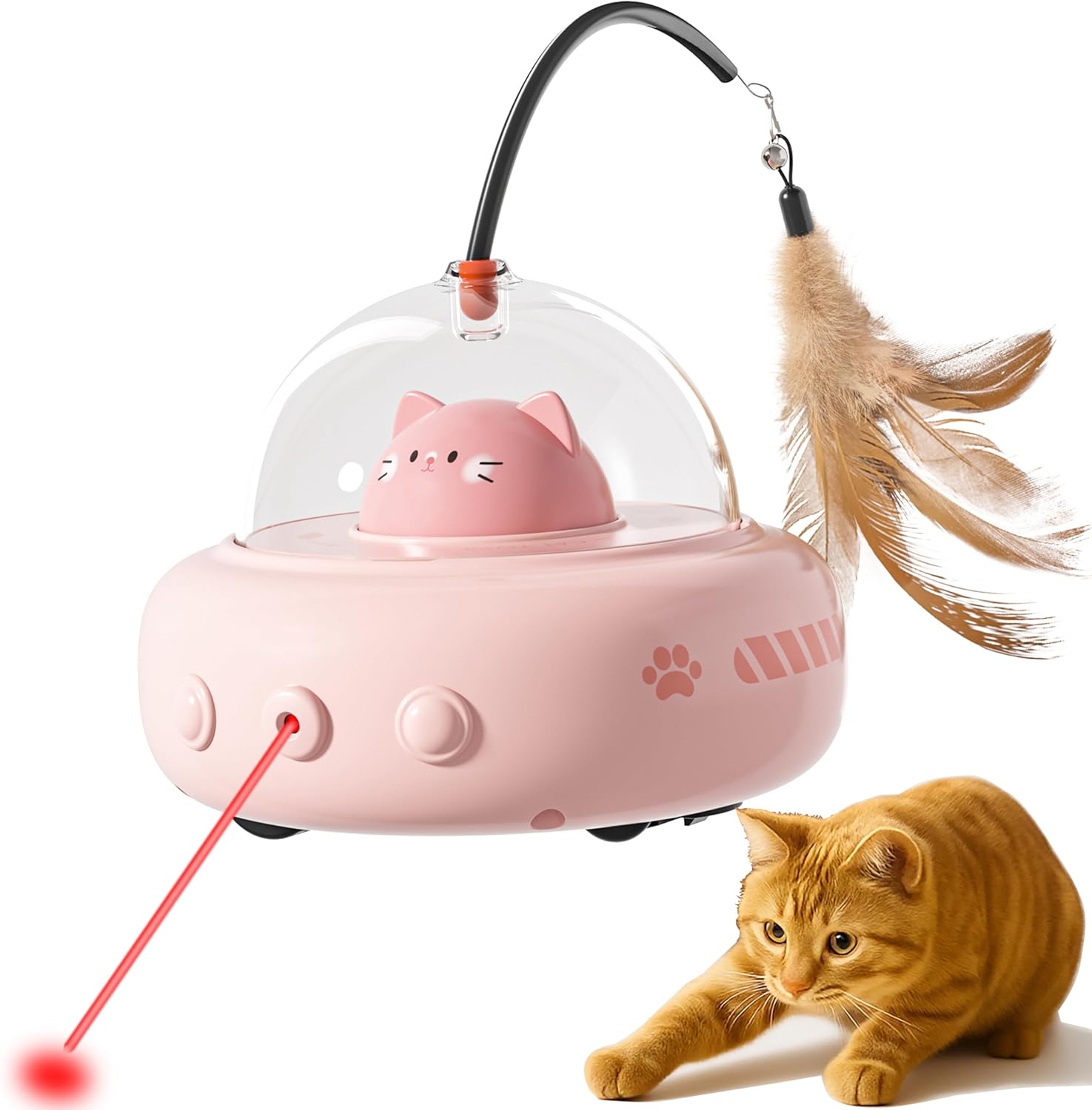hooroor 2-in-1 UFO Laser Cat Toy – Automatic Motion with Feather, Rechargeable Smart Sensor Interactive Toy for Indoor Cats & Dogs, Fun Exercise & Play, Perfect Pet Gift
