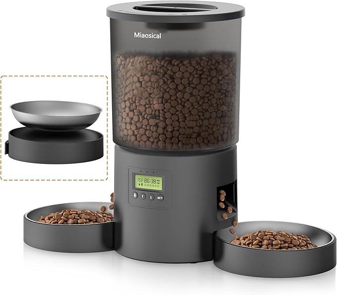 Automatic Cat Feeder for 2 Cats, 4.2L Dual Food Dispenser, Up to 6 Meals/Day, Portion Control, Voice Message, Dual Power Options (Transparent+Black, Dual Stainless Steel Bowls)