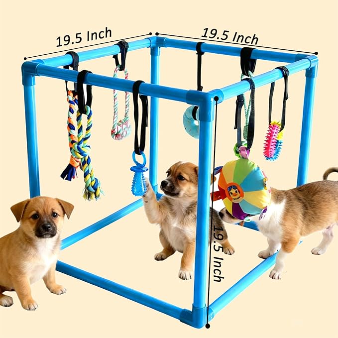 Puppy Play Gym with 8 Hanging Toys, Interactive Indoor Jungle Gym – ABS Frame with Adjustable Elastic Straps, Little Puppy Teething Chew Toys for Busy, Active Small Dogs