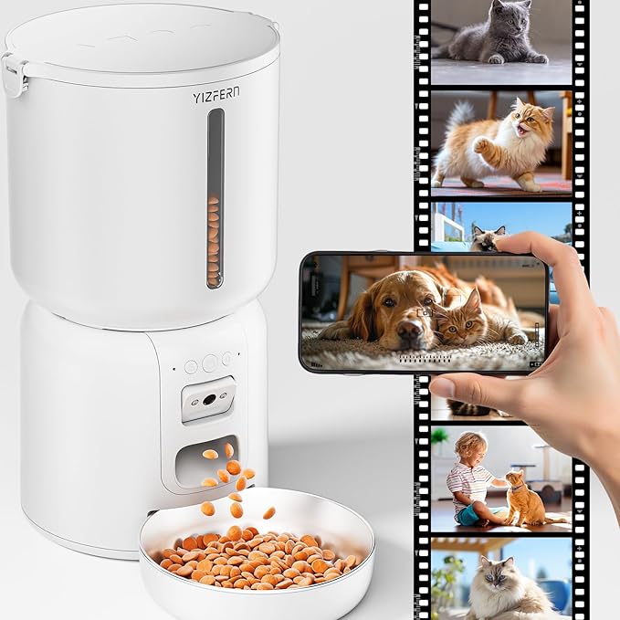 Automatic Cat Feeder with Camera, 4L Automatic Pet Feeder, Dual Power Supply, Smart Cat Food Dispenser with 2MP Night Vision & Two-Way Audio for Cats and Small Dogs, White