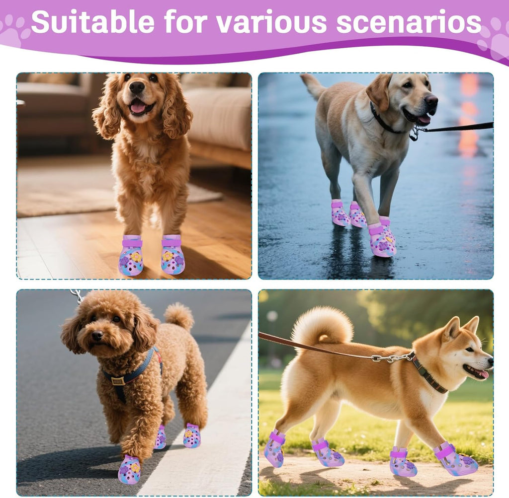 Dog Shoes for Hot Pavement, Adjustable Magic Tape Boots for Small, Medium & Large Dogs, Anti-Slip, Easy to Clean Paw Protectors for Beach, Outdoor & Hot Weather (Purple S)