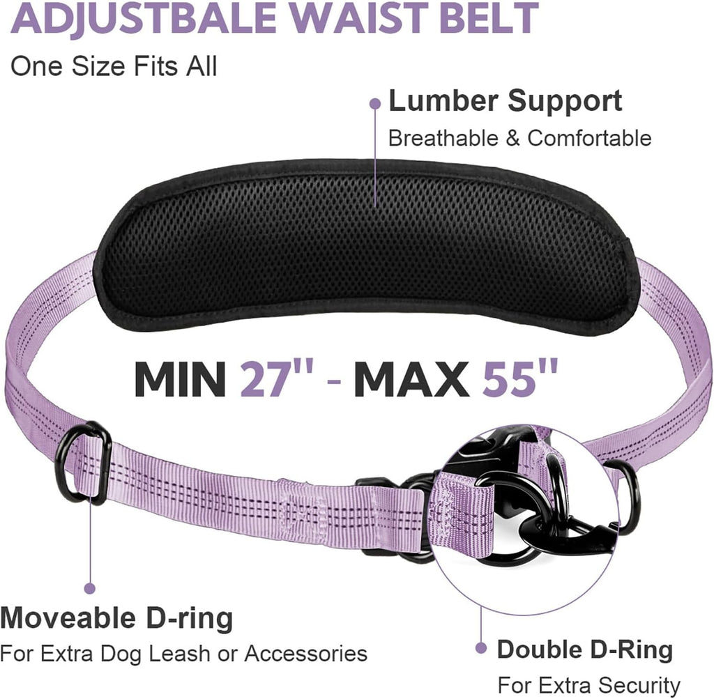 Hands Free Dog Leash, Adjustable Waist Belt with Double Padded Handles,Retractable Bungee, Waist Leash for Dog Walking,Running, No Pull,Purple
