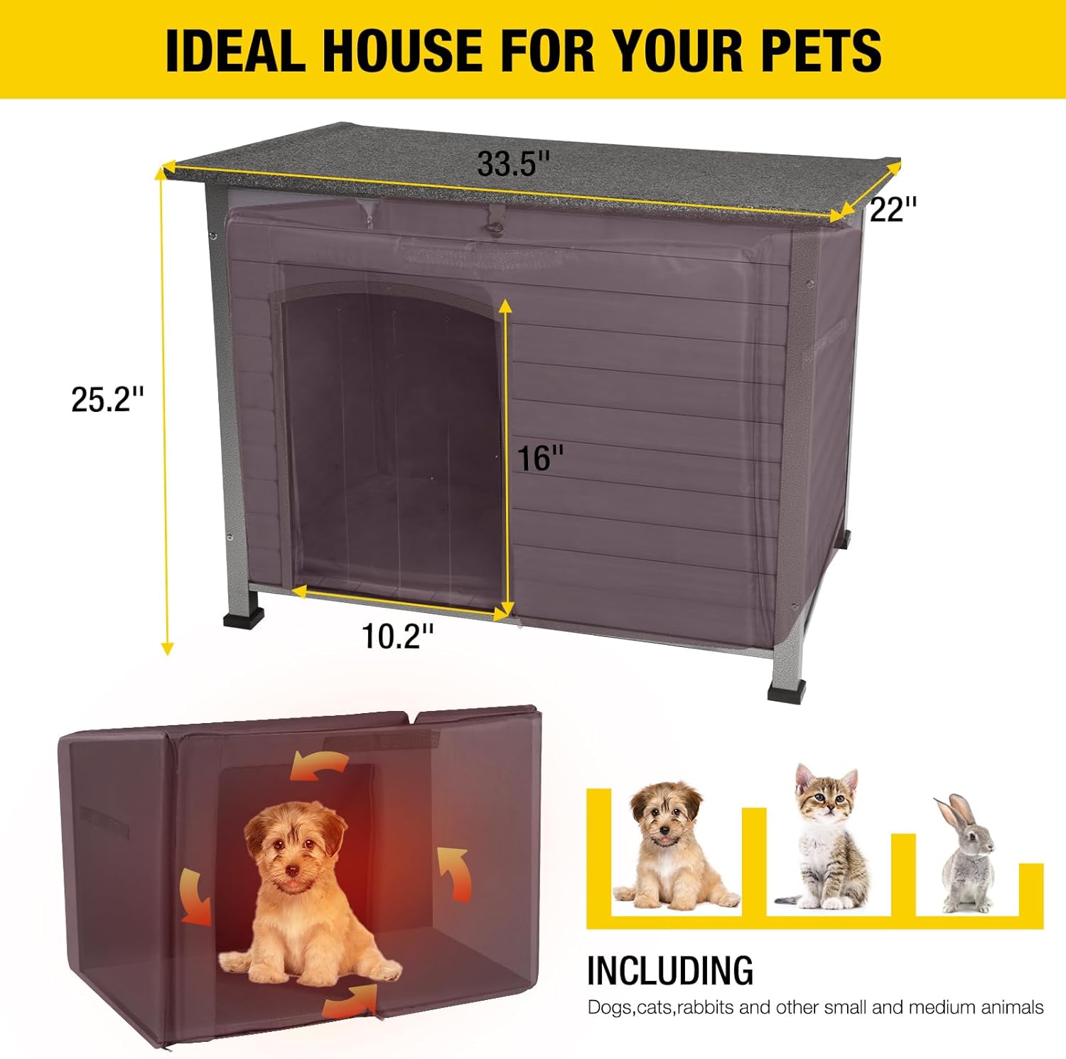 Aivituvin Dog House with Insulated Liner, Outdoor Indoor Weatherproof Dog House for Winter, Suitable for Small & Medium & Large Dogs with Unique All-Around Iron Frame(Grey)