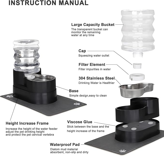 RIZZARI Automatic Cat Water Dispenser: Black 5L Elevated Feeder with Specialized Brush and Triple Filtration - Stainless Steel Gravity Bowl - Leakproof Base for Indoor Pets