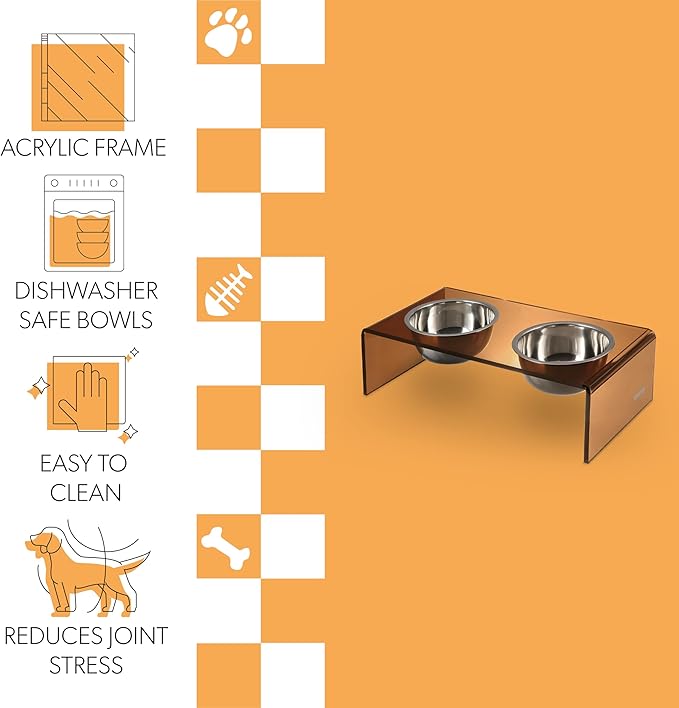 The LICKER Store DBL2000D Keaton 5" Small/Medium Modern Acrylic Rectangular Elevated Pet Feeder with 20oz 2-Stainless Steel Bowls, Amber/Chrome