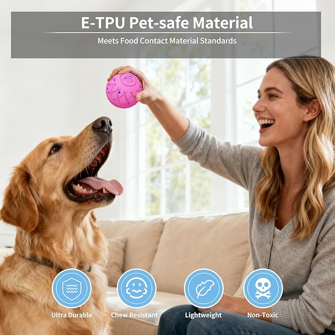 Interactive Dog Toys Dog Ball, Durable Motion Pet Toys for/Small/Medium/Large Dogs, Christmas Birthday Gifts, Automatic Moving, Bouncing and Rotating, E-TPU Material, IP54 Waterproof (Pink)