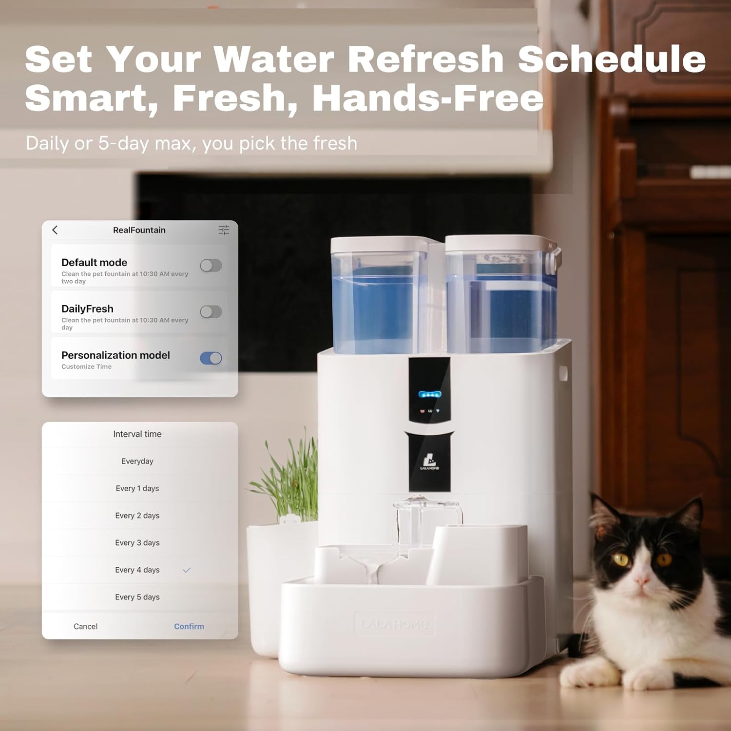 Daily Fresh Cat Water Fountain 10L/338oz Self Filling and Cleaning, Pet Water Dispenser with Filter System for Dogs, 5G Wi-Fi Smart Bowl Wastewater Separation & No Slimy with Quiet Pumps