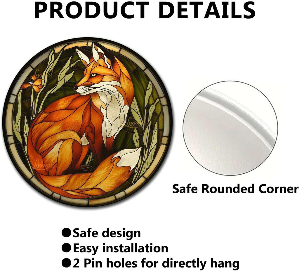 Lygond Metal Sign Tin Sign Circular Stained Glass Red Fox Wall Art for Bar 8×8 Inches