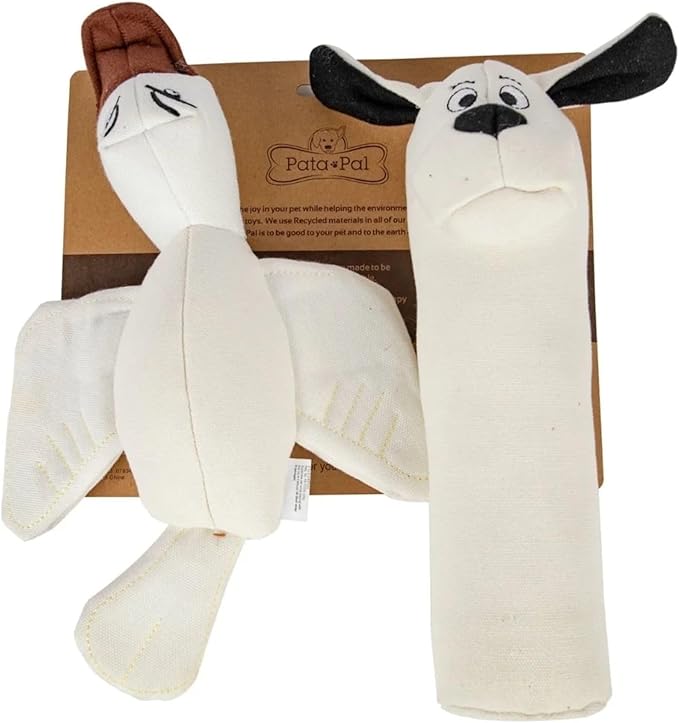 2pc Sustainable Eco-Friendly Durable Cotton Canvas Squeaky Dog Chew Toy Set – Ducky & Dawgy, White (Safe for Pets/Kids)