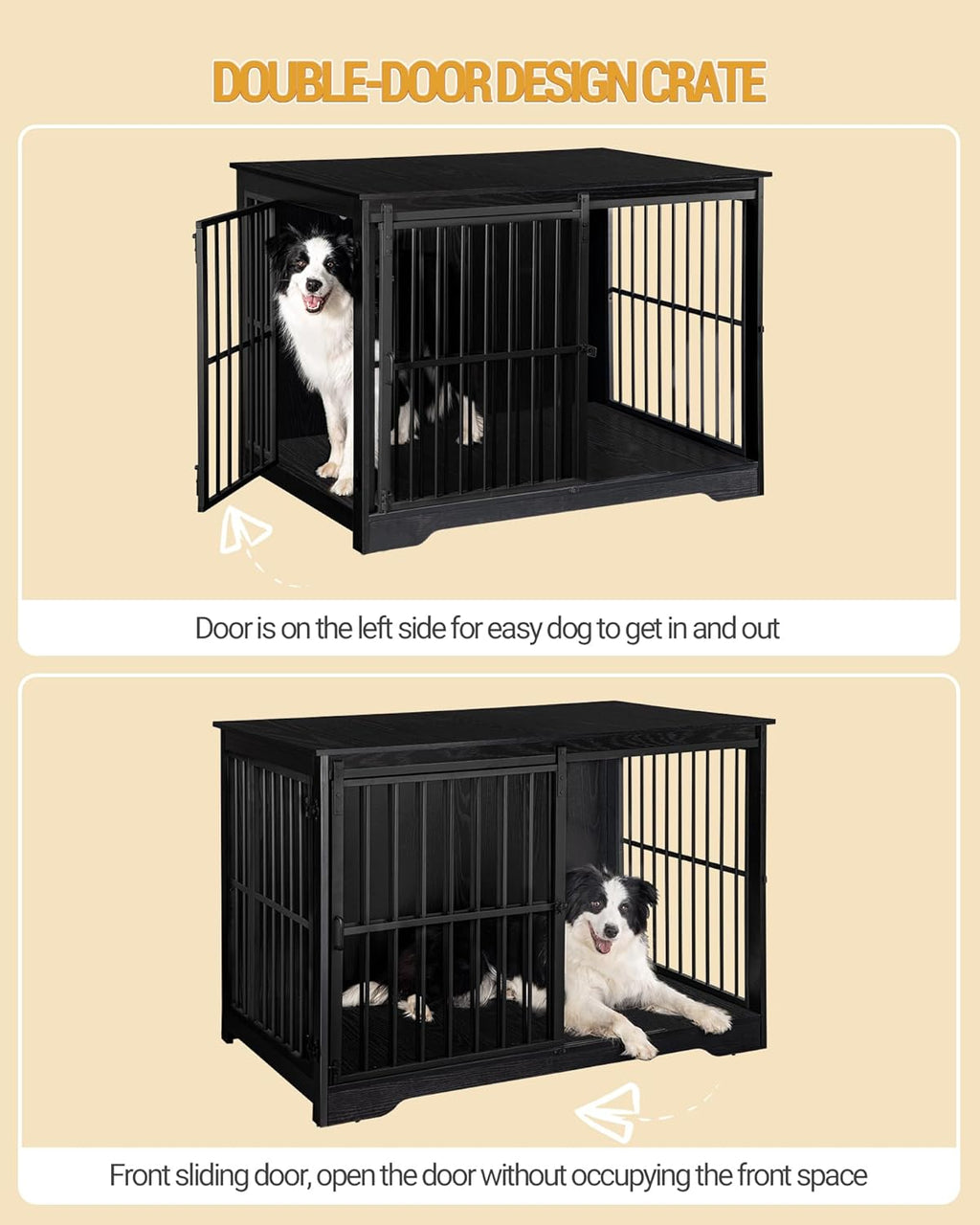 XL Large Dog Crate Furniture, 44.1" Indoor Dog Kennel Furniture with Barn Door, Wooden Tall Dog Crate, Heavy Duty Dog Cage for Large Dogs, Side End Table, Anti-Chew, Black DFC80104B