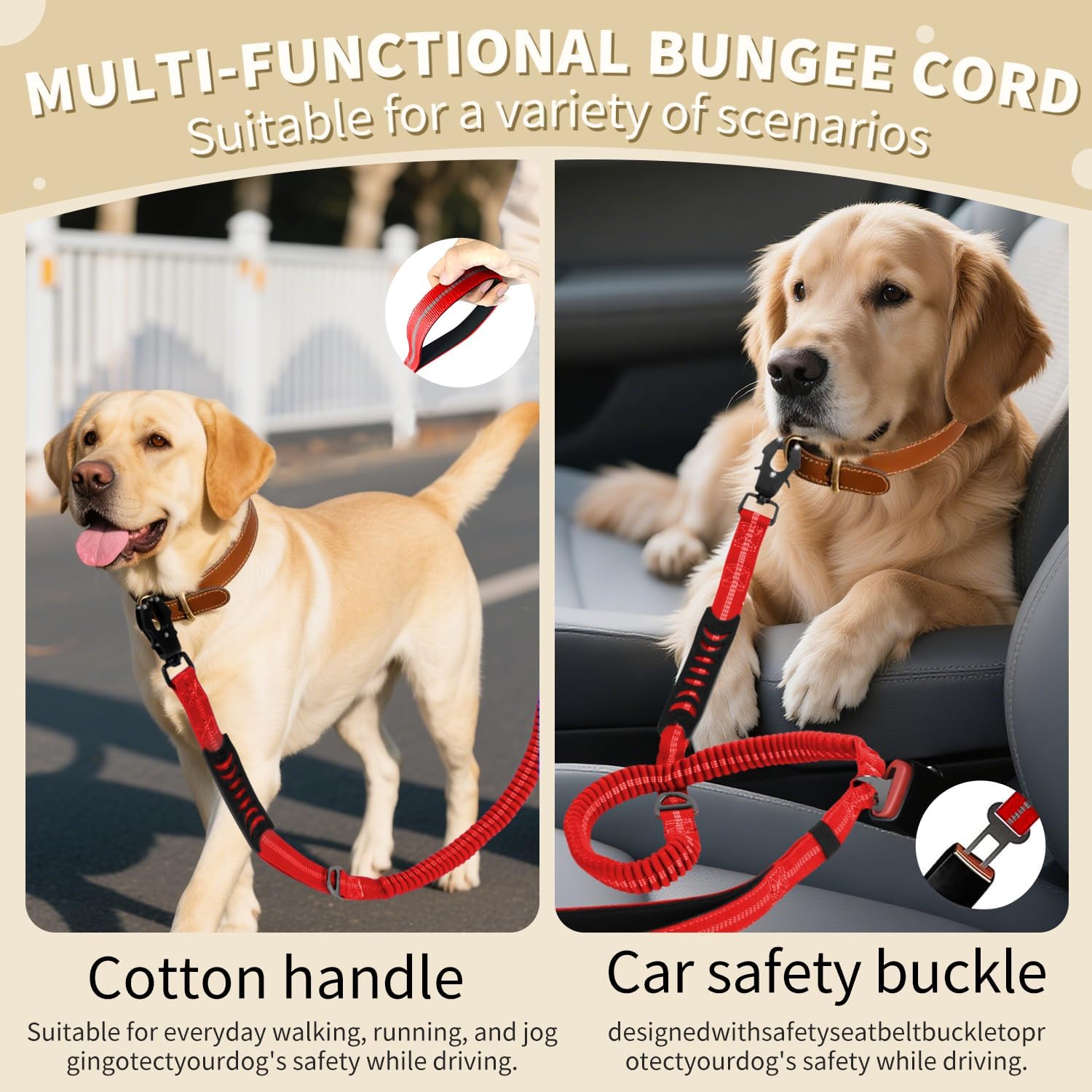 Heavy Duty Bungee Dog Leashes, 4-6FT Shock Absorbing Tactical Dog Leash with 2 Padded Handles, Metal Carabiner Clip, No Pull Reflective Dog Leash for Medium Large Dogs (Red)