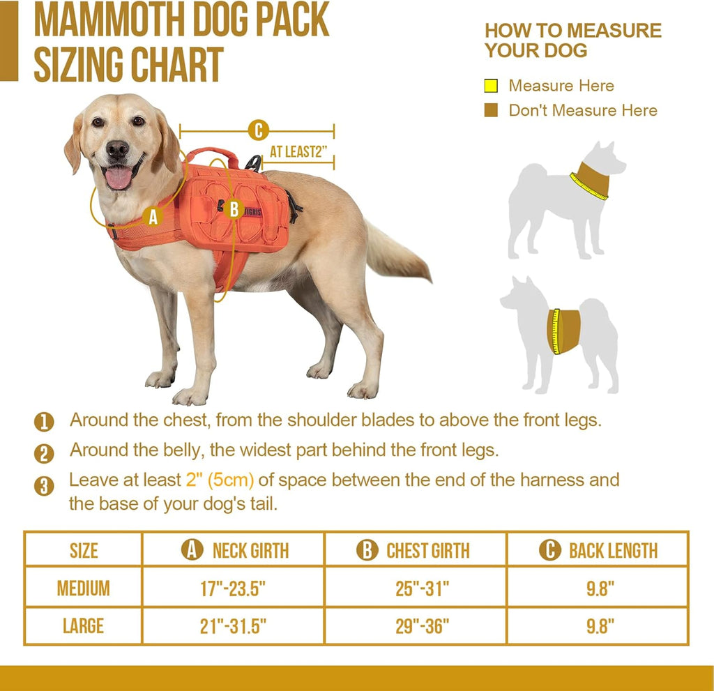 ONETIGRIS Dog Backpack for Medium & Large Dogs, Nylon Backpack for Dogs Tactical Pet Backpack with Side Pockets for Hiking Walking Training Running (Orange, Medium)