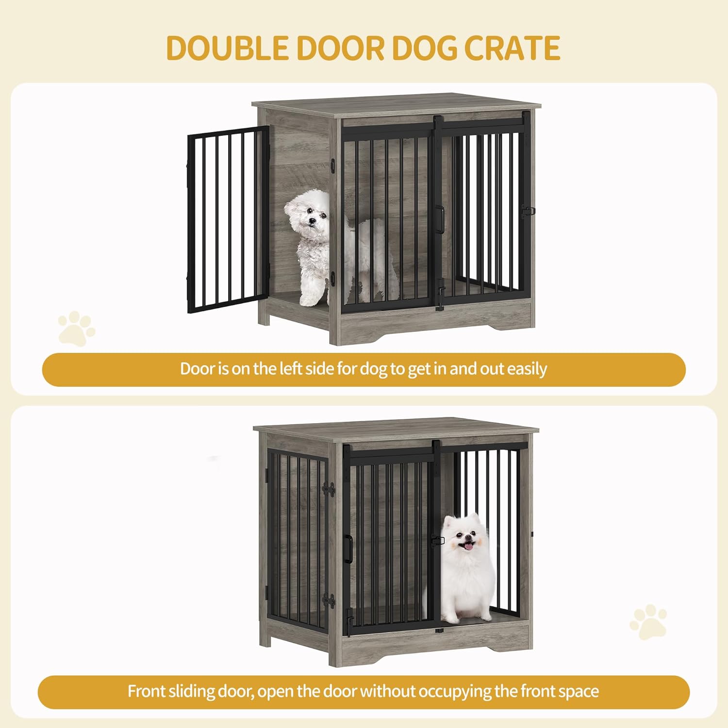 27.2" Dog Crate Furniture with Barn Door, Heavy Duty Dog Kennel Indoor with 2 Doors, Wooden Pet Cage End Table for Small Medium Dogs up to 22 lb, Anti-Chew Anti-Escape, Greige DFC84305B