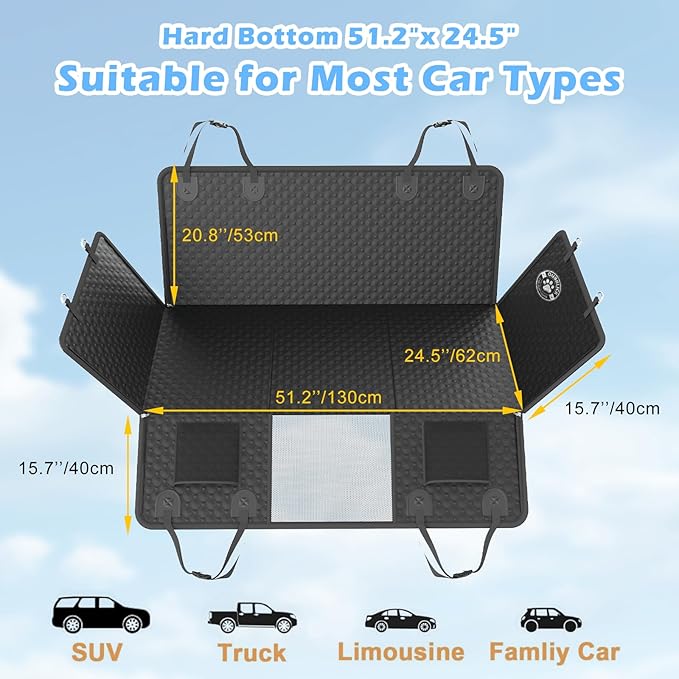 Dog Car Seat Cover, Hard Bottom Back Seat Extender for Dogs, Non-Slip Reat Seat Protector with Mesh Window & Side Flap, Dog Hammock for Car, SUV, Small Trucks