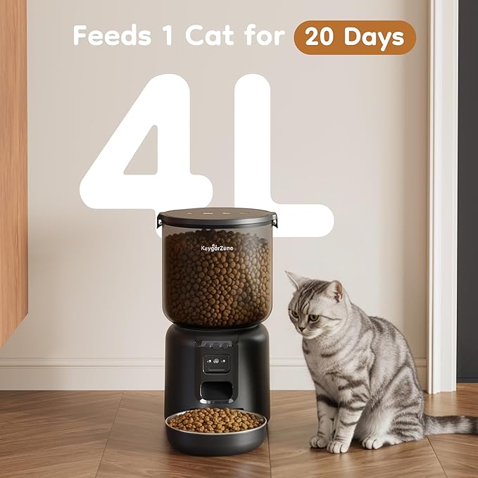 Smart Automatic Pet Feeder with 2MP HD Camera, App Control via 2.4G/5G WiFi, Dual Power System & Voice Recording, 4L Food Dispenser for Cats and Small Dogs, Black