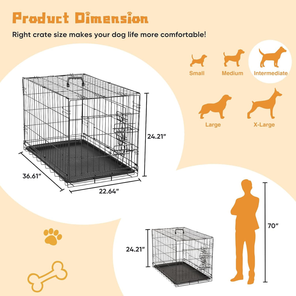 DUMOS Dog Crate, 36 Inch Medium Double Door Dog Cage with Divider Panel and Plastic Leak-Proof Pan Tray, Folding Metal Wire Pet Kennel for Indoor, Outdoor, Travel