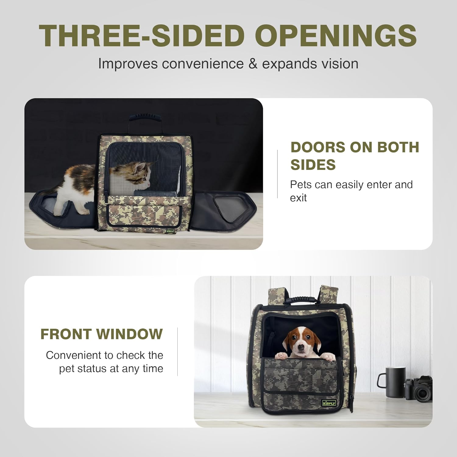 Collapsible Cat Backpack Carrier, Dog Backpack Carrier for Small Dogs Cats Up to 12 Lbs, Three-Sided Breathable Pet Backpack with Soft Padded, Designed for Outdoor and Travel Use, Camo