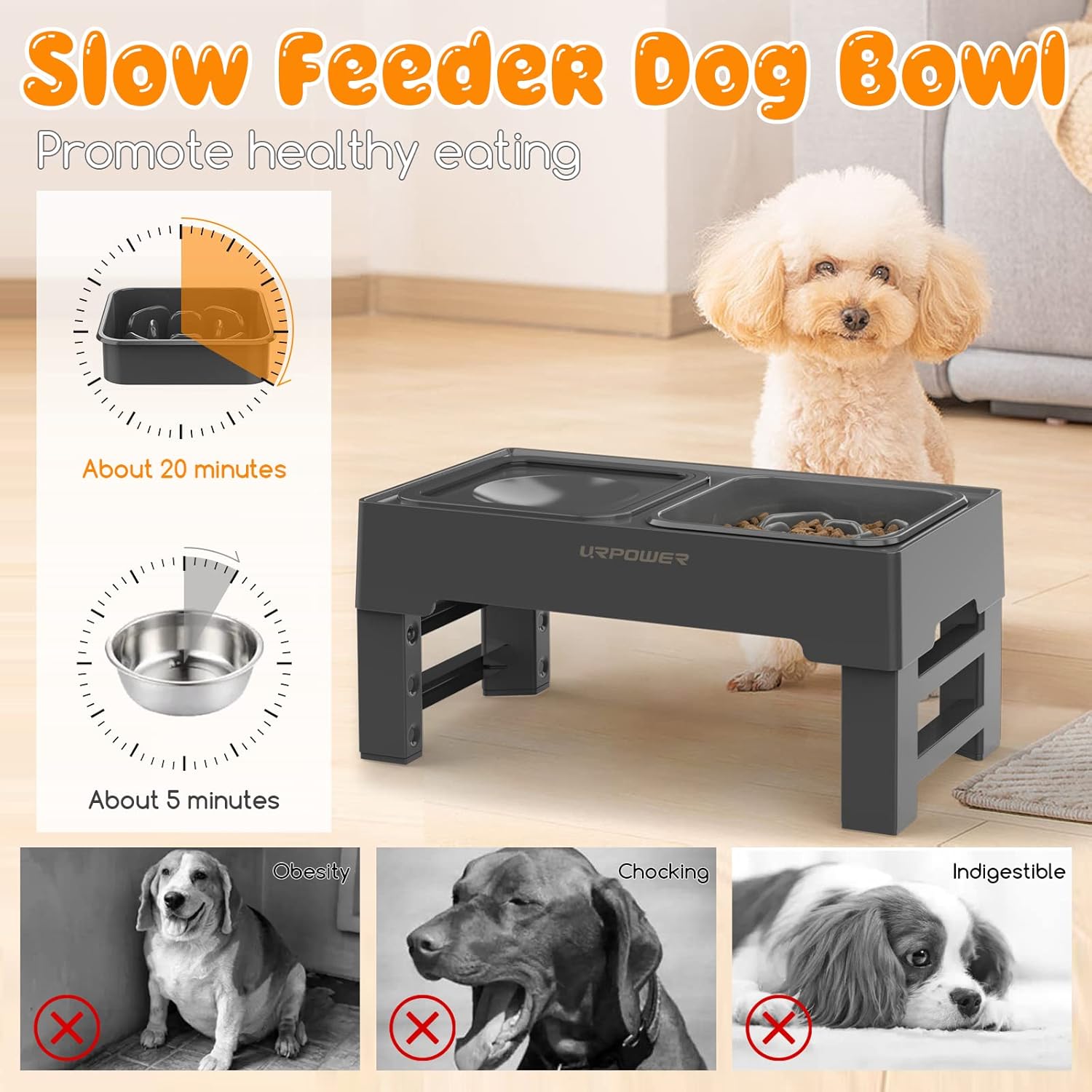 URPOWER 2-in-1 Elevated Slow Feeder with No Spill Dog Water Bowl 4 Height Adjustable Raised Bowl Stand for Small to Large Dogs, Cats & Pets