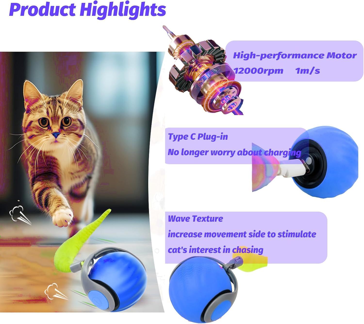 Upgraded Speedy Interactive Cat Ball 4.0 Toys with 2 Optional Tails, Smart Moving Ball Cat Toy for Bored Indoor Cats, Rechargeable & Detachable Automatic Kitten Rolling Balls Toy (Blue)