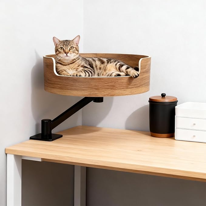 Space-Saving Cat Bed for Desk, Elevated Resting Spot for Home Office, Mounted Design for Small Apartments, Comfortable & Stable，Walnut Wood Finish