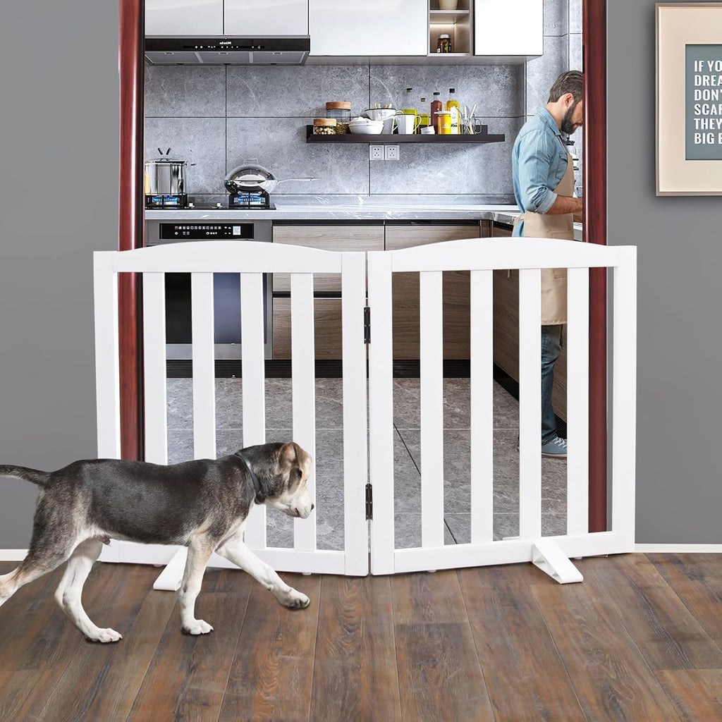 ZJSF Foldable Freestanding Indoor Dog Gate for House Wood White Long Pet Gates Dog Fence for Stairs Puppy Gates for Hallways,Pet Fence, Puppy Gate,Support Feet Included 32 "Height-2 Panels