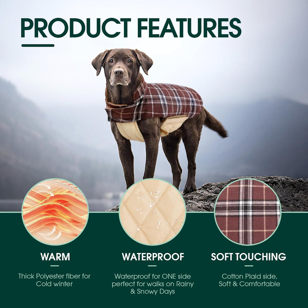 Kuoser Waterproof Dog Coat, Reversible Dog Jacket for Small Dogs, Adjustable Durable Doggie Winter Coat Warm Cozy Puppy Cold Weather Apparel from Small to Large Breed, Brown S