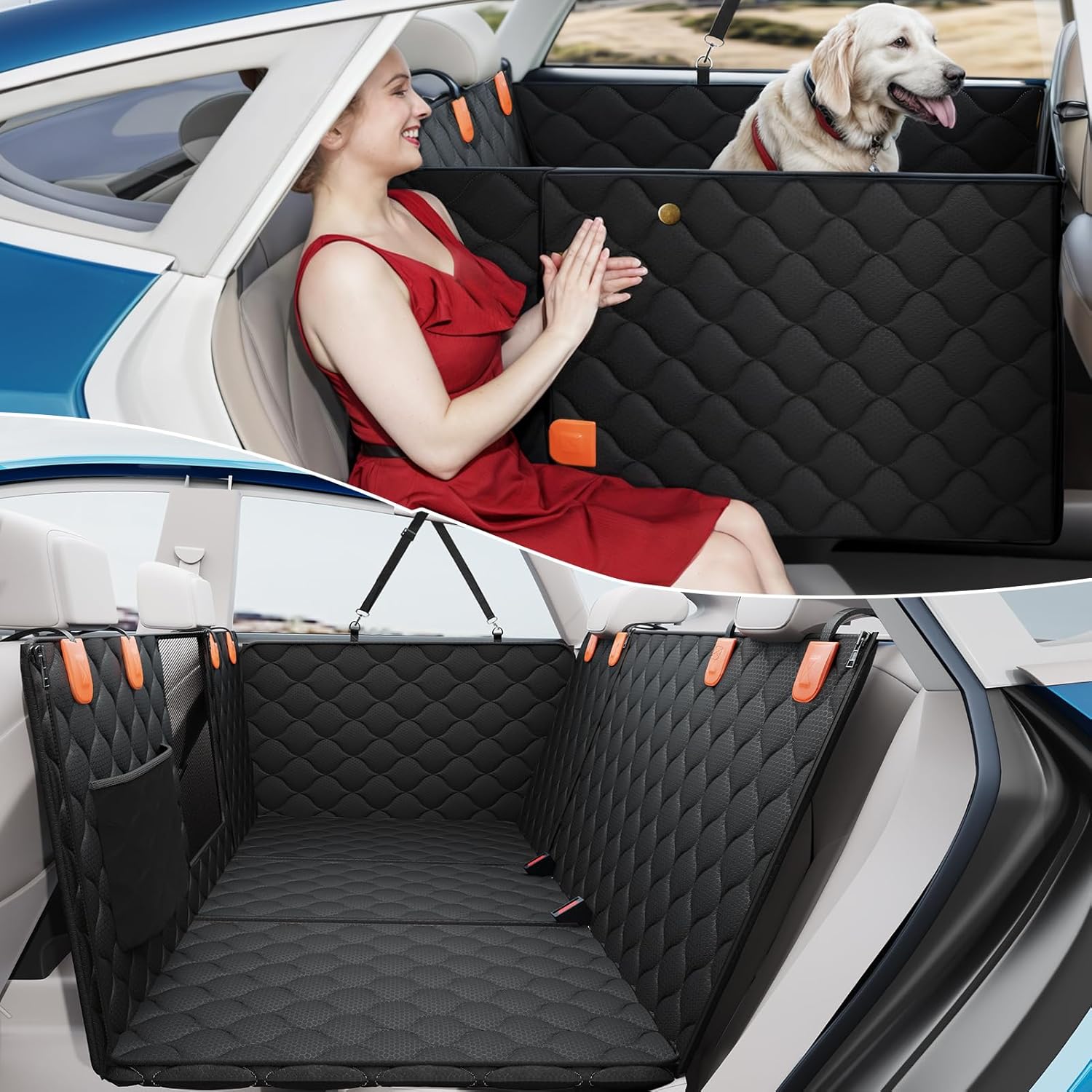 PETICON Convertible Back Seat Extender for Dogs, Dog Car Seat Cover Hard Bottom Holds 400 lbs, Waterproof Dog Hammock Backseat Protector with Mesh Window for Cars, Trucks and SUVs