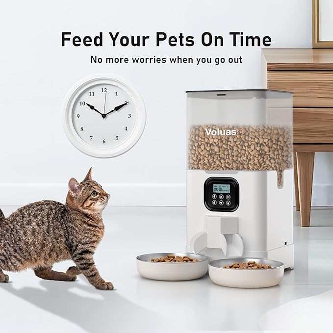 Voluas Automatic Cat Feeder for Two Cats, Double Pet Feeder with 2 Stainless Steel Bowls,6L Timed Cat Feeders with Memory Function