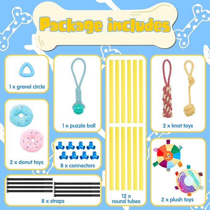 Soulchen Puppy Play Gym with 8 Hanging Toys, Small Dogs Enrichment Interactive Toys 19.7 Inch Pets Indoor Jungle Gym PVC Frame with Bungee Straps Enrichment Activity Center