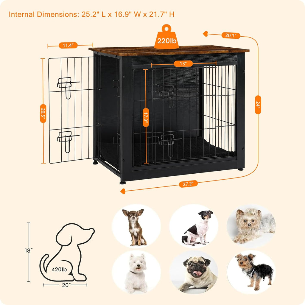 DWANTON Dog Crate Furniture with Cushion, Wooden Kennel Table with Double Doors, Indoor Dog House, Small/Medium/Large Size, 27.2" L, Black+Rustic Brown