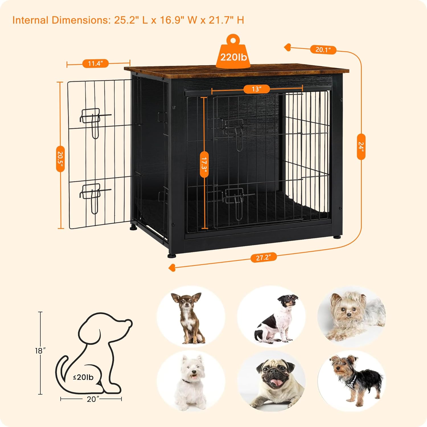 DWANTON Dog Crate Furniture with Cushion, Wooden Kennel Table with Double Doors, Indoor Dog House, Small/Medium/Large Size, 27.2" L, Black+Rustic Brown