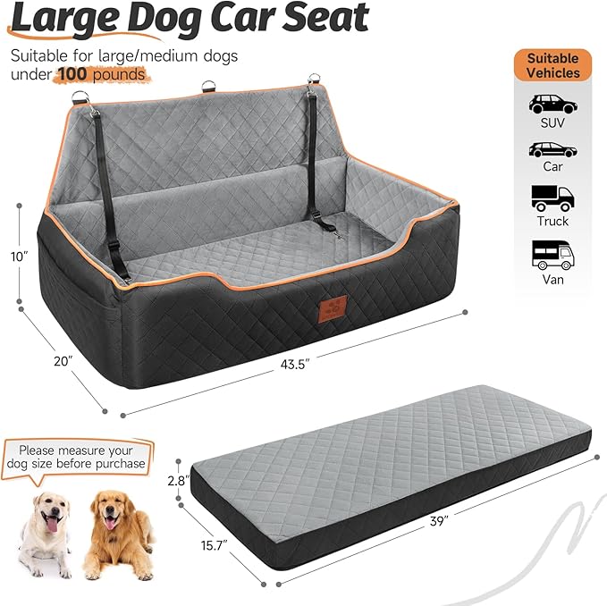Large Dog Car Seat for Dods Under 100 Lbs, Memory Foam Dog Car Bed for Backseat & Trunk, Detachable and Washable Cover, Pet Travel Seat with Storage Pockets, 2 Safety Belts